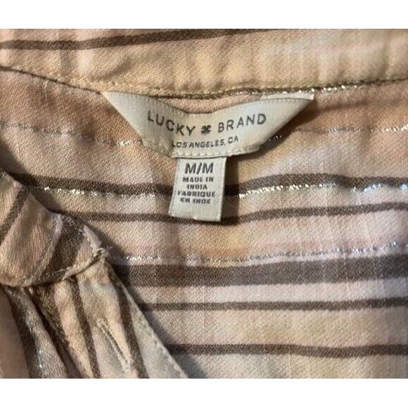 Lucky Brand Peasant Blouse M Cream Gray Silver Stripe Boho Chic Casual Top - Picture 2 of 5